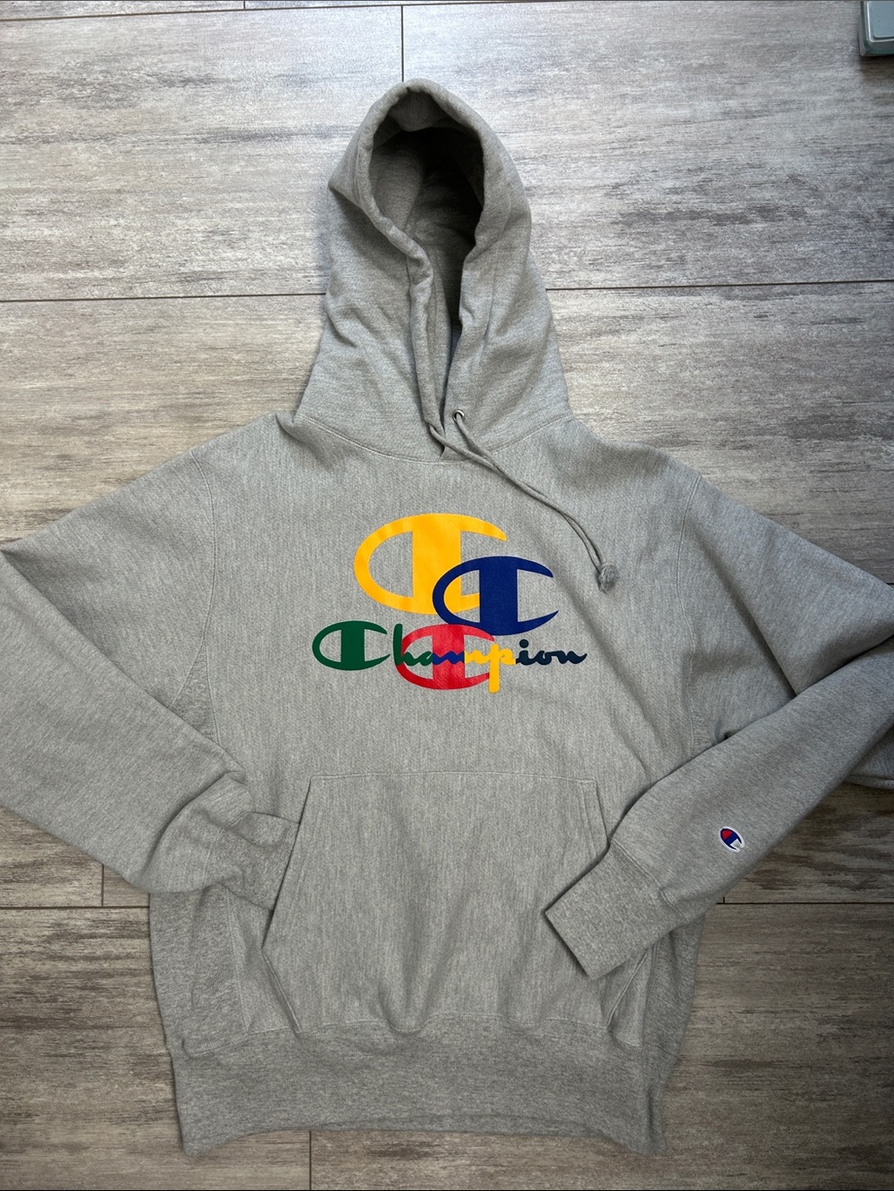 Champion Gray Pullover Hoodie with Multicolor Logo
